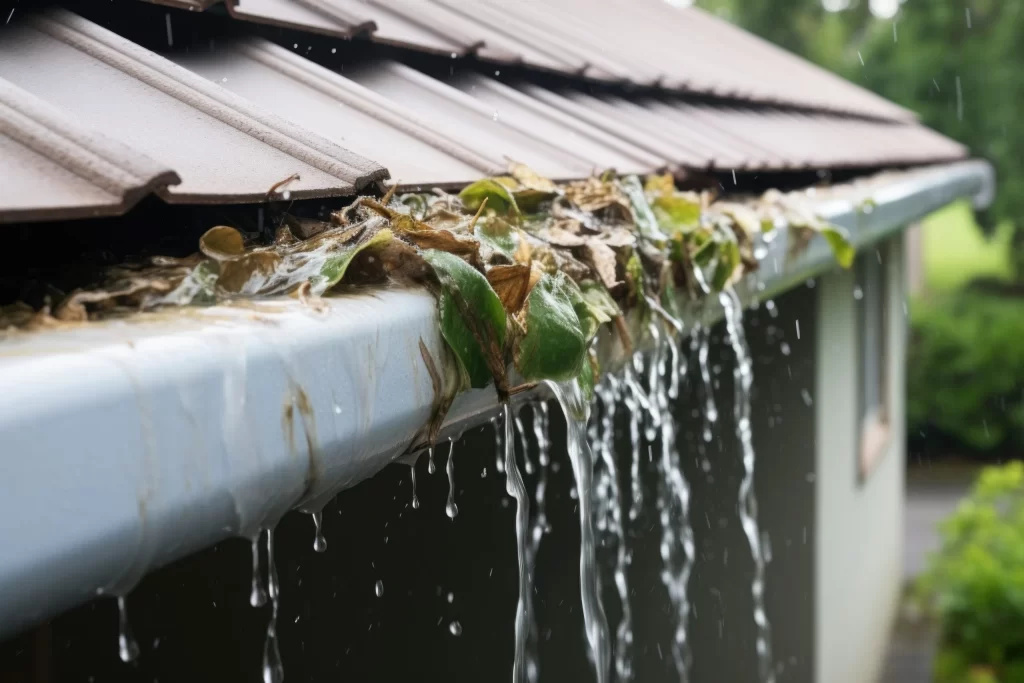 clogged gutters overflowing with rain water