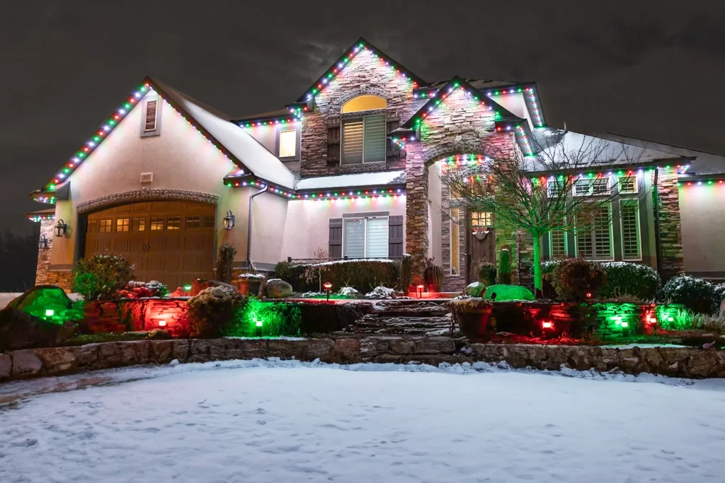 home decorated in christmas lighting