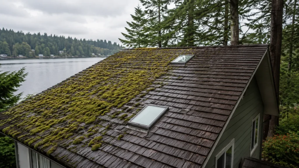 How to Remove Moss From Your Roof in Oregon: The Complete Guide 1 mossy asphalt shingle roof in Oregon with thick green moss covering the north-facing slope