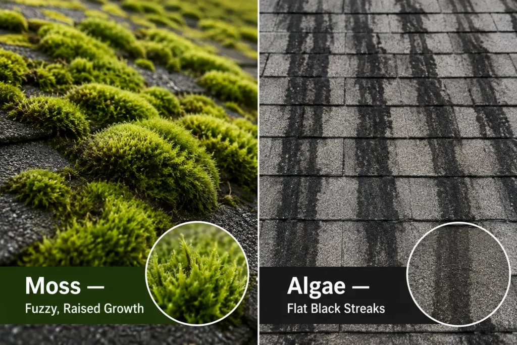 How to Remove Moss From Your Roof in Oregon: The Complete Guide 2 side-by-side comparison of roof moss vs algae, thick green moss clumps on the left, flat black algae streaks on the right