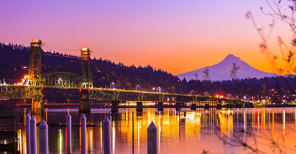 a sunset photo of a bridge in the city of Scappoose, Oregon.