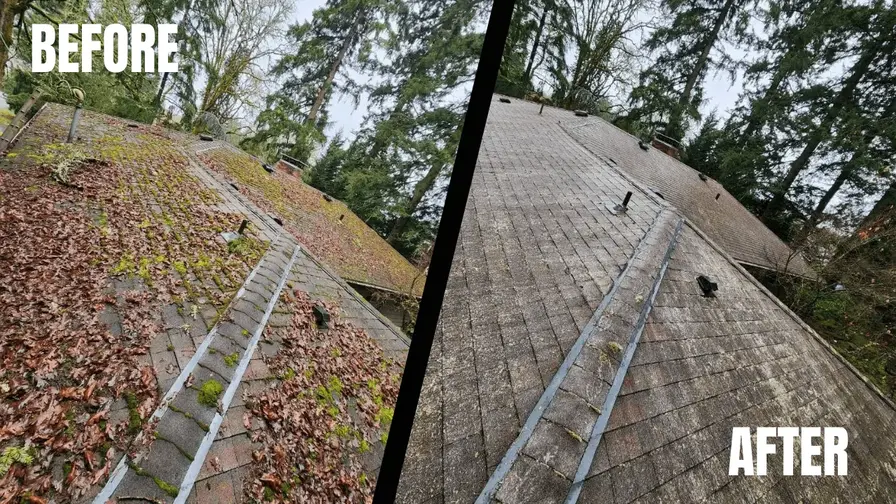 NJM Roof and Gutter Cleaning- Best Cleaning Company In Oregon 1 before and after photo for roof cleaning. how do you clean a shingle roof?