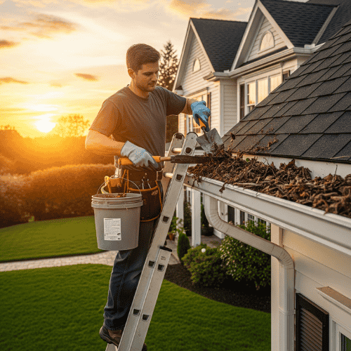 NJM Roof and Gutter Cleaning- Best Cleaning Company In Oregon 6 man removing leaves from gutters