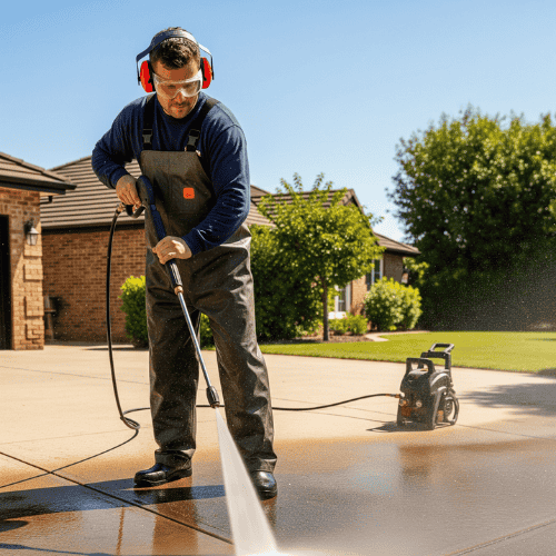 NJM Roof and Gutter Cleaning- Best Cleaning Company In Oregon 7 man pressure washing a driveway