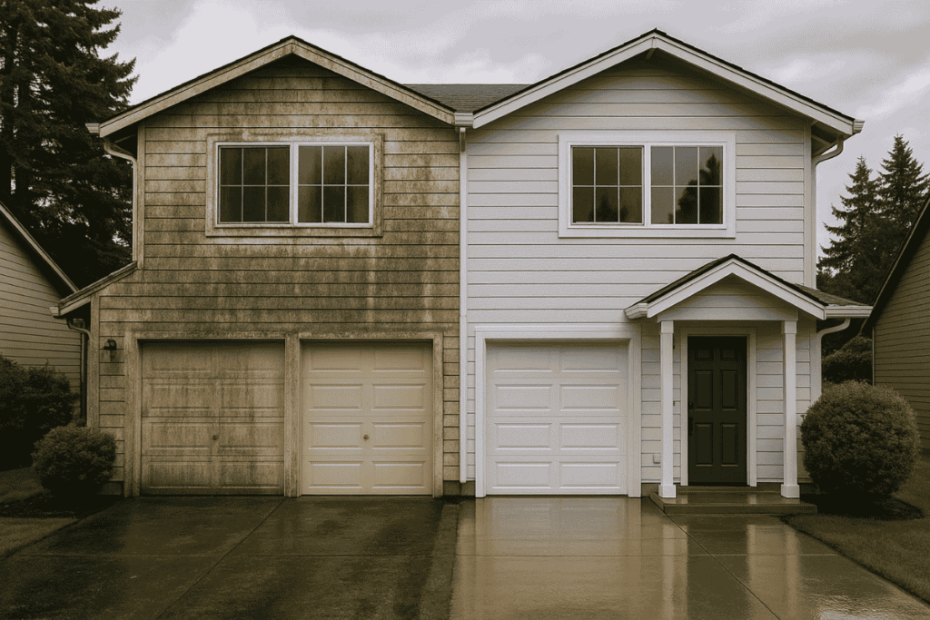 uburban Oregon home showing one side dirty with mildew and grime, and the other side freshly pressure-washed, with a wet driveway and overcast sky.