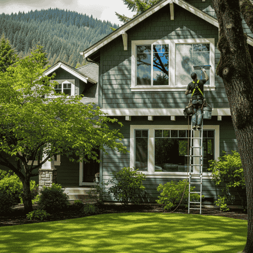 NJM Roof and Gutter Cleaning- Best Cleaning Company In Oregon 8 man on a ladder cleaning house windows