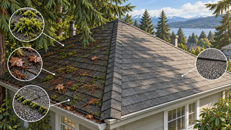 Illustration of a Pacific Northwest roof with a shaded, tree-facing slope and a sunlit slope