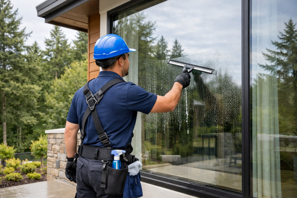 man cleaning windows in Oregon