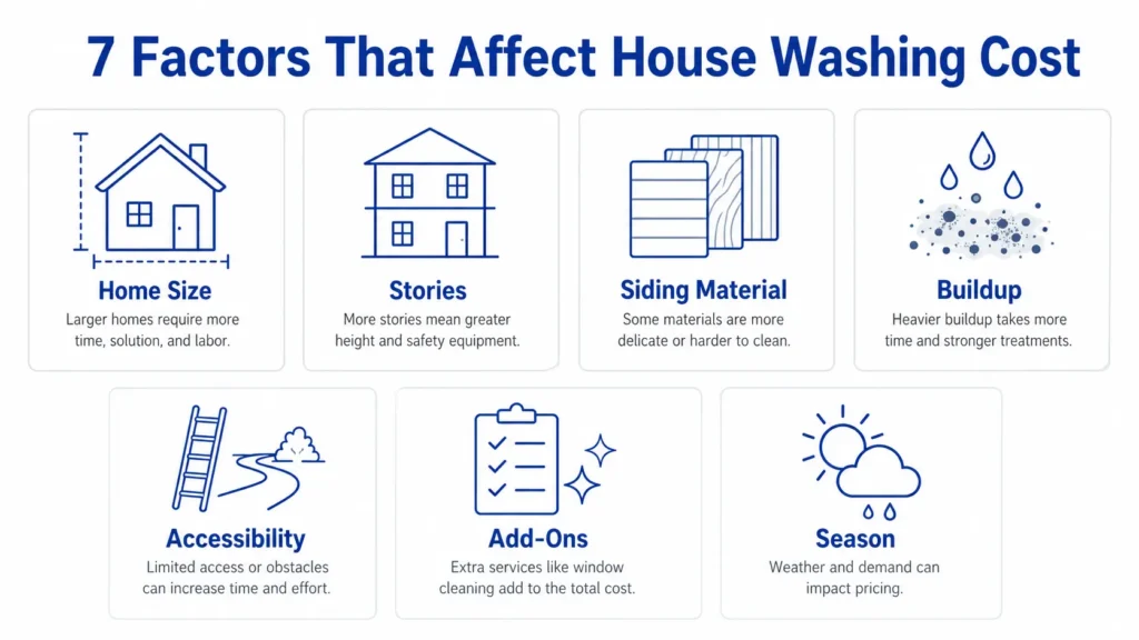 How Much Does House Washing Cost in Oregon? (2026 Pricing Guide) 3 Infographic of factors that affect house washing cost in Oregon