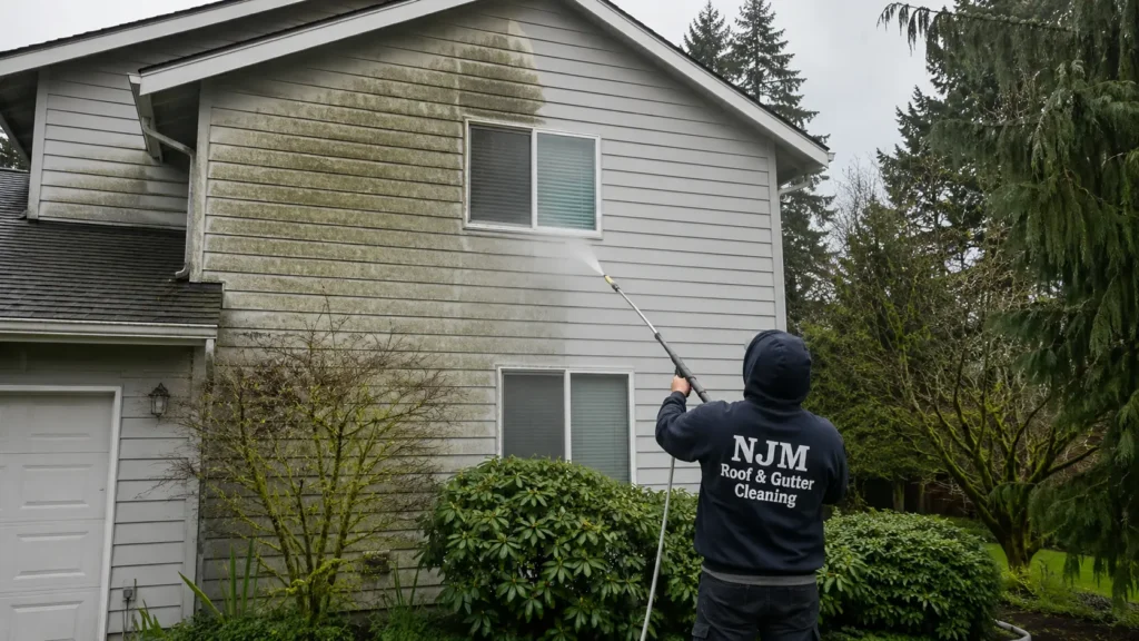 How Much Does House Washing Cost in Oregon? (2026 Pricing Guide) 1 house washing cost Oregon — technician soft washing a two-story home exterior