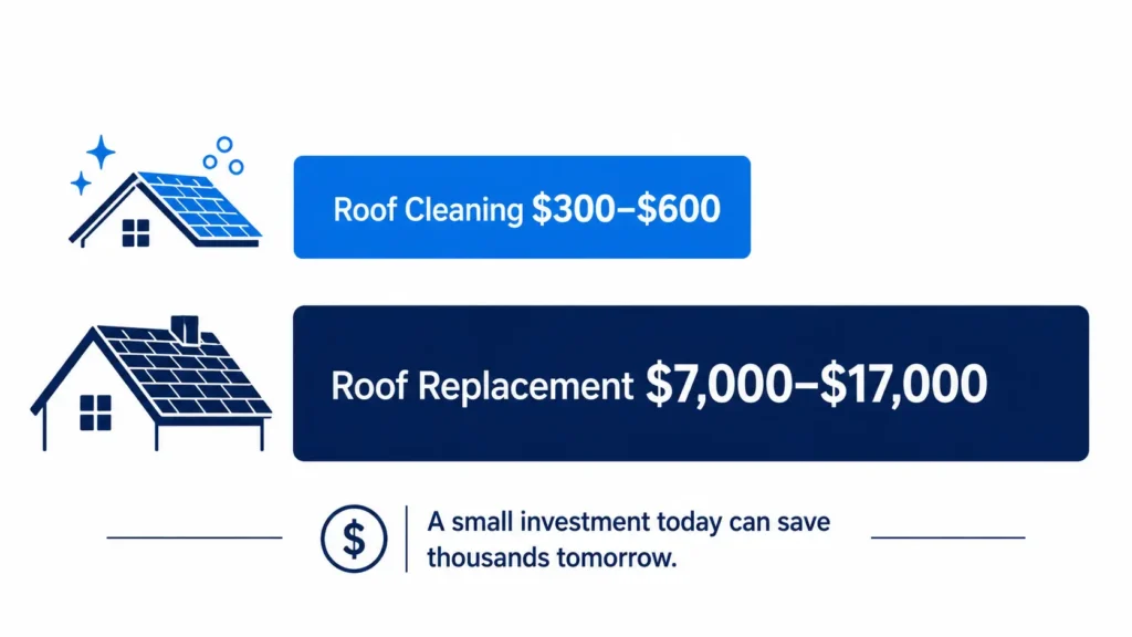 Roof Cleaning vs. Roof Replacement: Which Do You Actually Need? 3 Infographic comparing 2026 roof cleaning cost of $300 to $600 versus roof replacement cost of $7,000 to $17,000