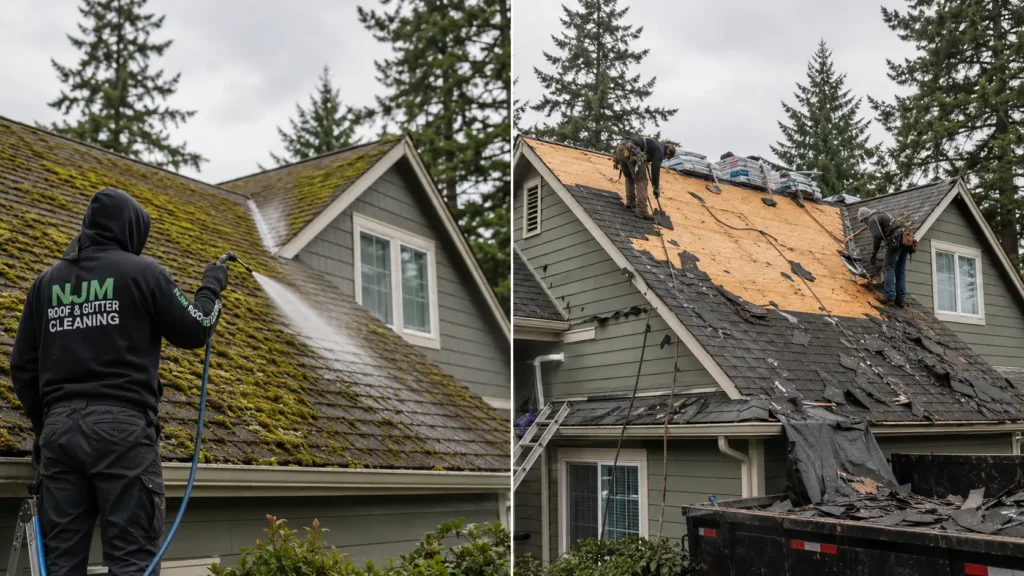Roof Cleaning vs. Roof Replacement: Which Do You Actually Need? 1 Split comparison of a moss-covered Oregon roof being soft washed versus a full roof replacement