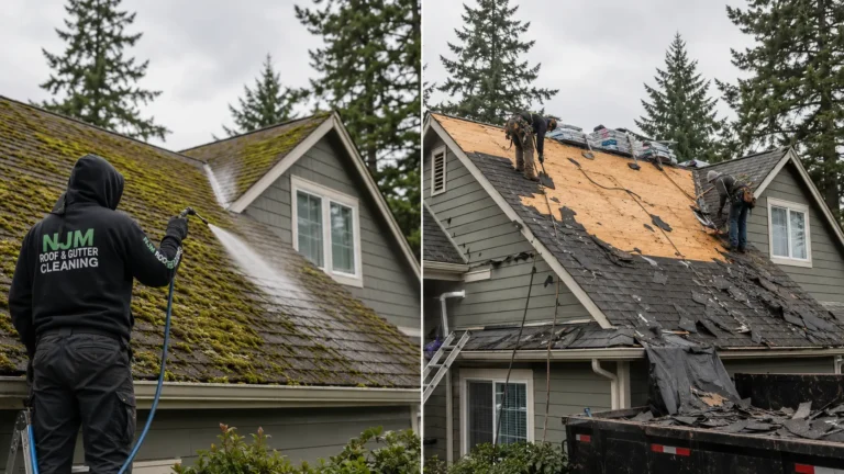 Blog 2 Split comparison of a moss-covered Oregon roof being soft washed versus a full roof replacement