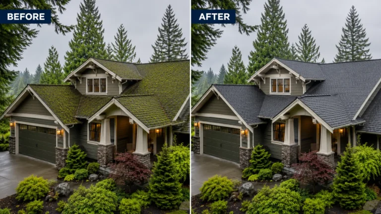 Blog 3 Before and after of moss removal on an Oregon shingle roof