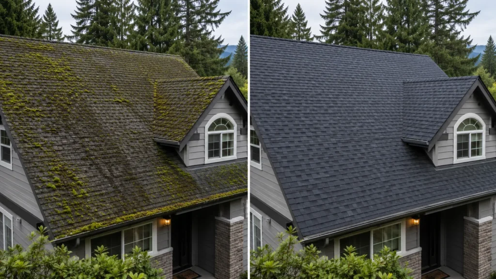 Roof Cleaning vs. Roof Replacement: Which Do You Actually Need? 1 Before-and-after of an Oregon shingle roof, heavy green moss on the left and clean shingles on the right after soft washing