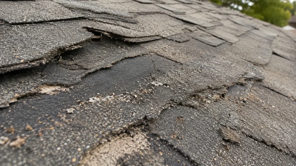 Roof Cleaning vs. Roof Replacement: Which Do You Actually Need? 2 Close-up of curled, cracked, and missing asphalt shingles indicating a roof that needs replacement