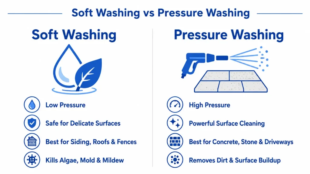 How Much Does House Washing Cost in Oregon? (2026 Pricing Guide) 2 Soft wash vs pressure wash comparison chart for house exterior cleaning