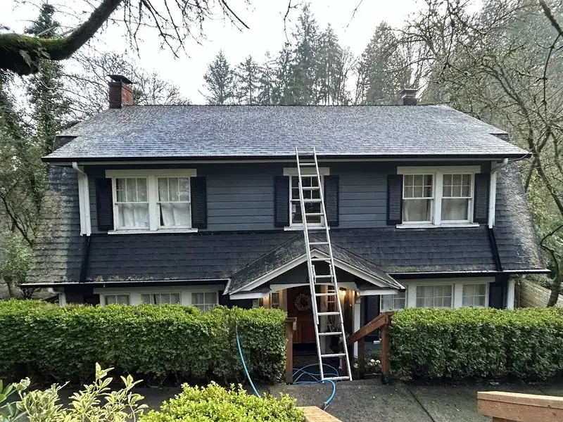 The same Portland craftsman roof after soft wash cleaning, with the moss removed