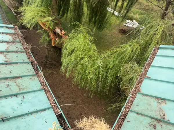 Roof valley on a metal roof in Clatskanie, Oregon filled with leaves and debris